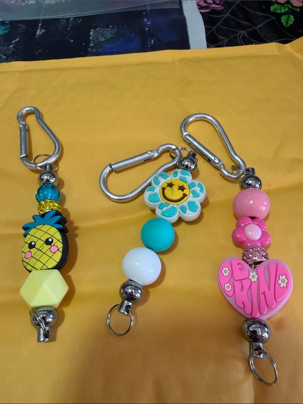 Cute Floral & Fruit Key Chain Pink, Teal, Yellow handmade 3set